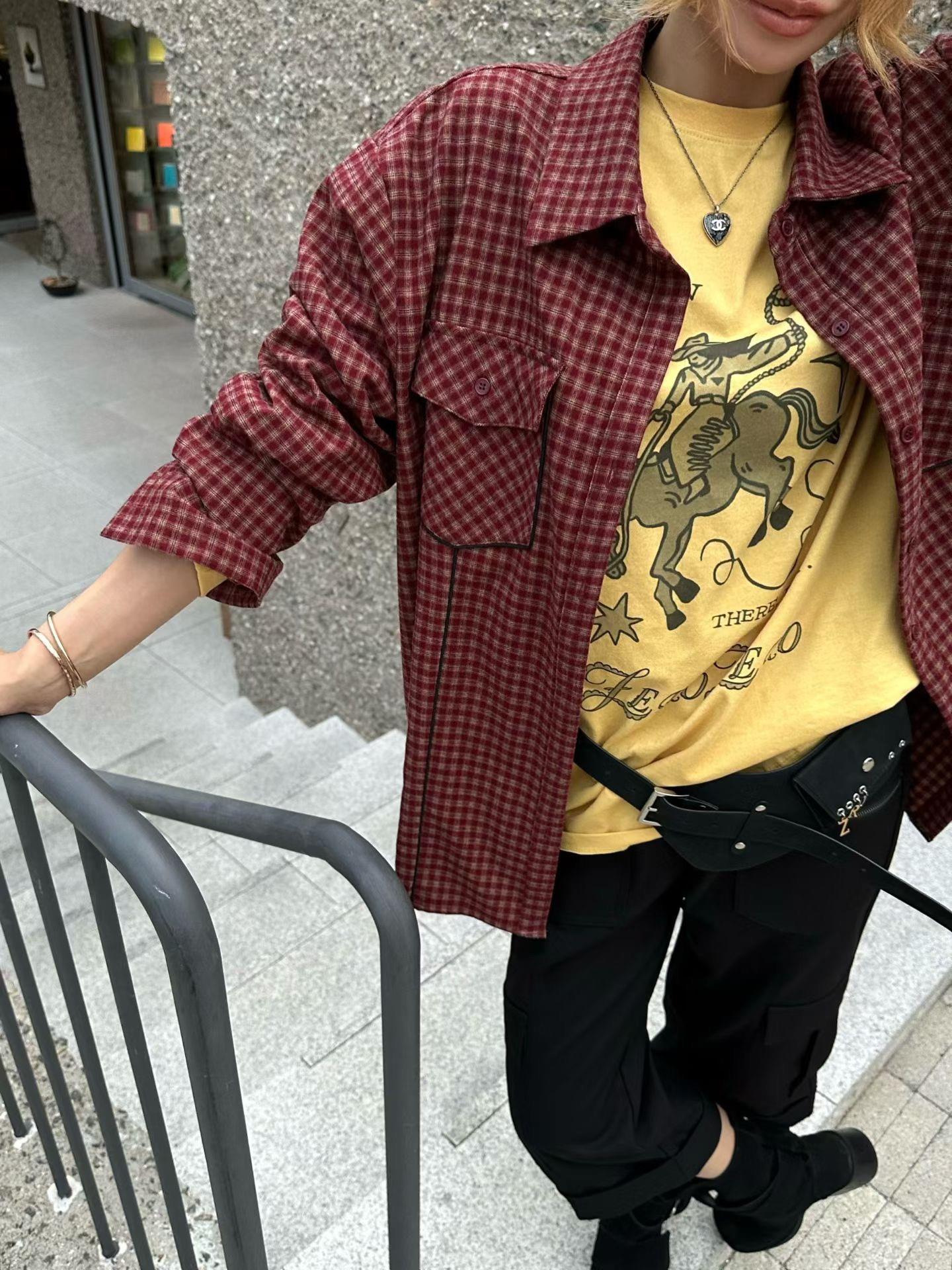 滾邊口袋格紋襯衫